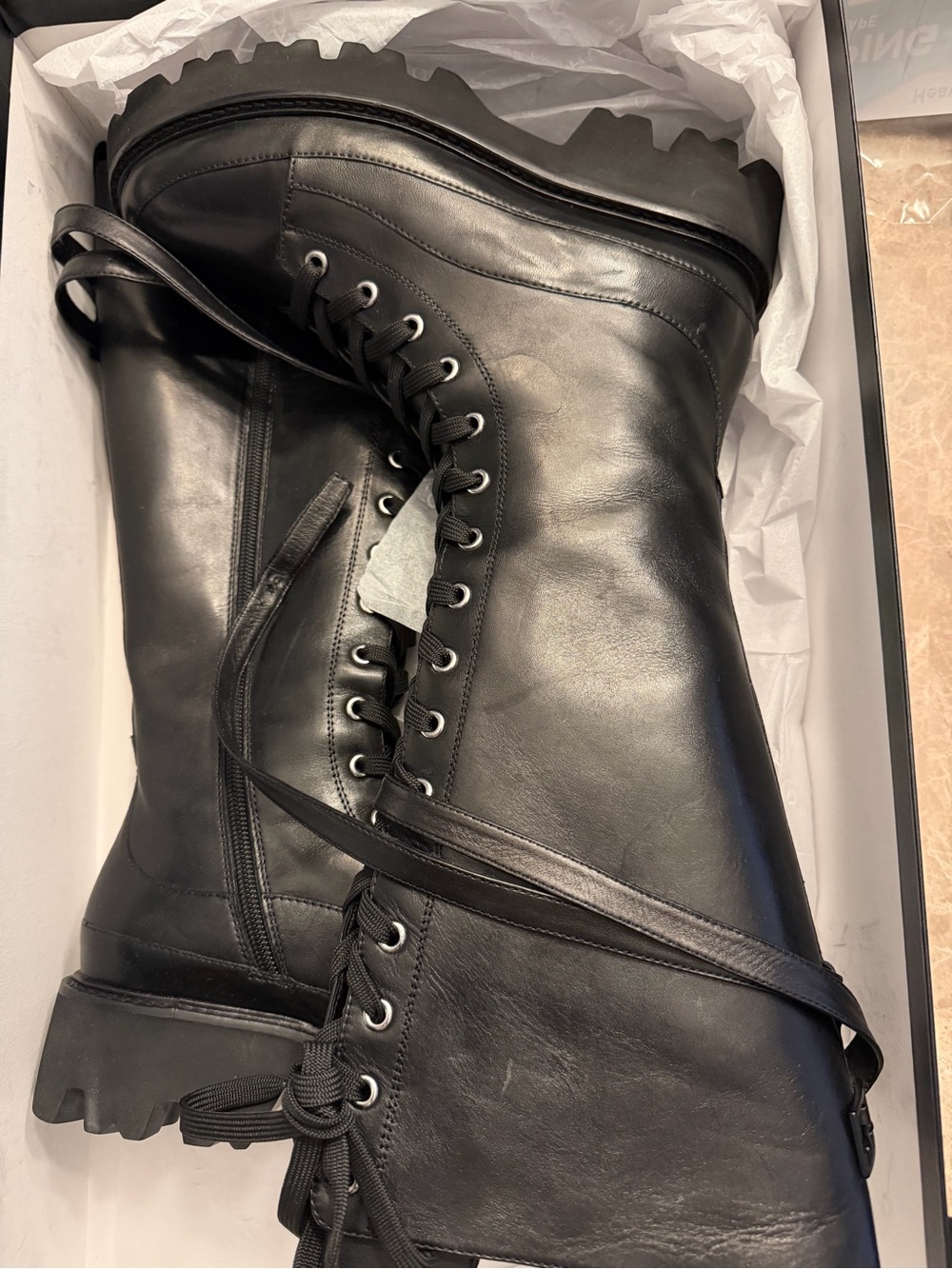 Pinko Black Leather Lace-Up Platform Combat Boots